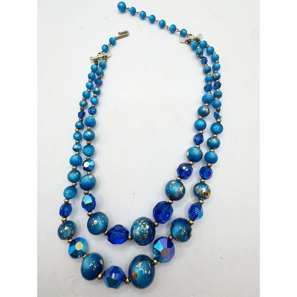 Vintage MCM Peacock Blue Iridescent Two Strand Beaded Necklace Glass Gold Fleck